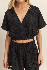 Black Set-Vneck Crochet Crop Top And Shorts Set