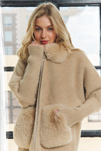 Khaki Faux Fur Accent Zip Up Sweater Coat