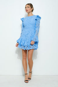 Skyblue Lace Ruffled Long Sleeve Tiered Mini Dress