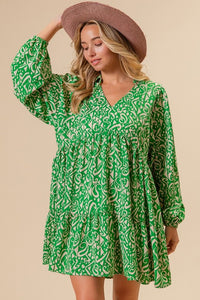 Green/Cream Woven Printed Dress With Side Pocket