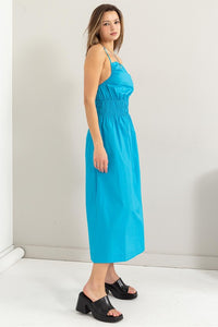 Aqua Poplin Backless Midi Dress