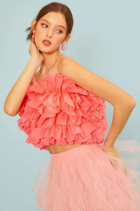 Coral Side Zipper Tier Ruffle Tube Top