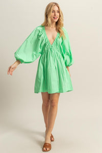 Patina Green Dolman Sleeve V Neck Poplin Mini Dress