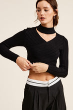 Black Overlap Knit Mock Neck Crop Sweater Top