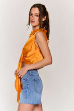 Orange Satin Sleeveless Ruched Center Button Crop Top