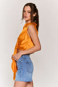 Orange Satin Sleeveless Ruched Center Button Crop Top