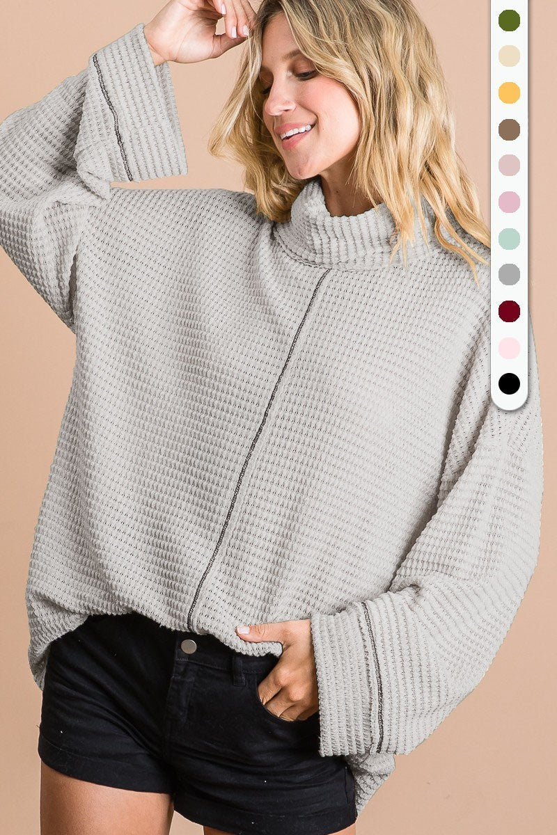 Heather Grey Popcorn Waffle Turtle Neck Top