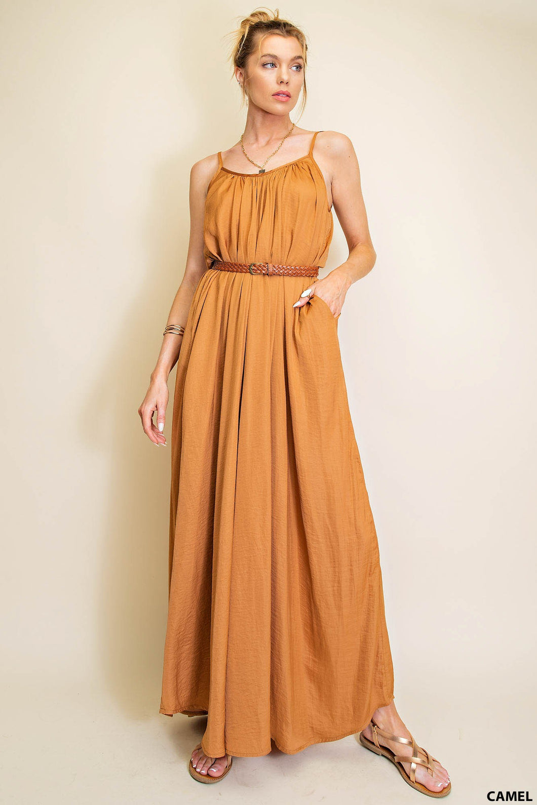 Camel Summer Satin Cool Maxi Sundress