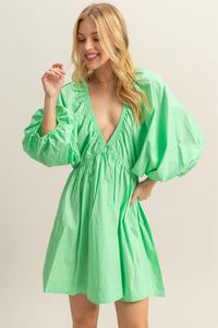 Patina Green Dolman Sleeve V Neck Poplin Mini Dress