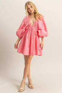 Coral Dolman Sleeve V Neck Poplin Mini Dress