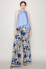 Blue Multi Satin Floral Print High-Waisted Wide Pants