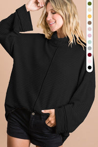 Black Popcorn Waffle Turtle Neck Top