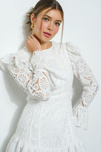 White Lace Ruffled Long Sleeve Tiered Mini Dress