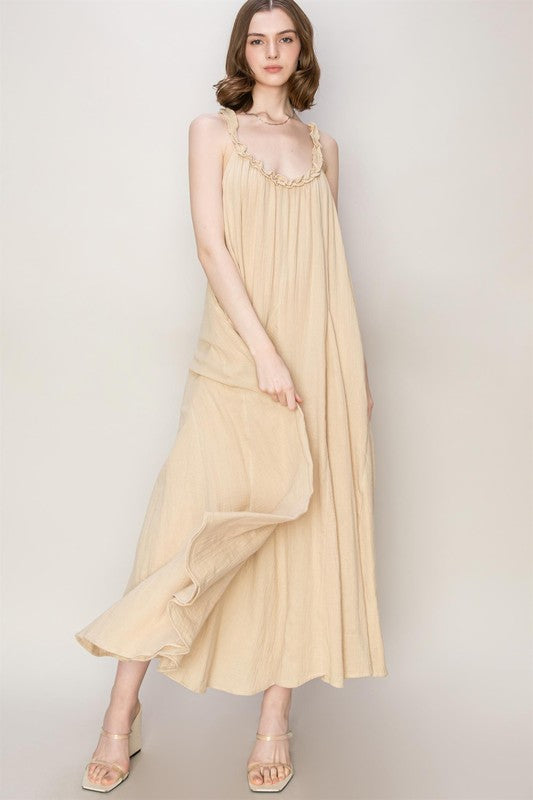 Beige Love Frill A-Line Maxi Dress