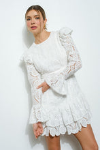 White Lace Ruffled Long Sleeve Tiered Mini Dress