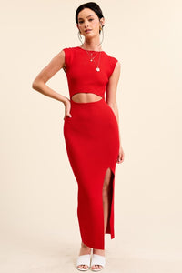 Red Midi-Long Bodycon Dress With Cutout Waist