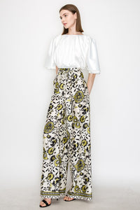 Green Multi Satin Floral Print High-Waisted Wide Pants