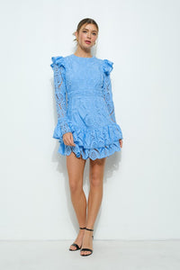 Skyblue Lace Ruffled Long Sleeve Tiered Mini Dress