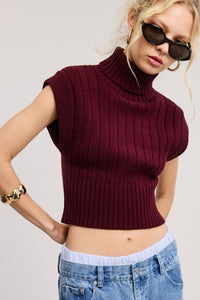 Burgundy Soft Ribbed High Neck Crop Sweater Top