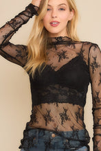 Black Mesh Lace High Neck Design Long Sleeve Fitted Top