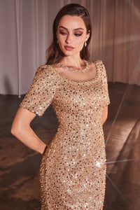 Rose Gold Cap Sleeve Fitted Sequin Gown