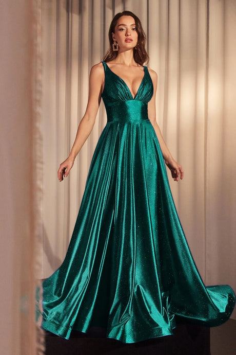 Emerald Glimmering Stretch Satin A-Line Dress