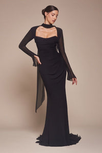 Black Strapless Chiffon Dress With Removable Jacket