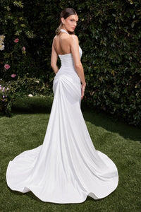 Off White Stretch Spandex Fitted Halter Bridal Dress