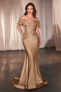 Gold Fitted Satin & Lace Gown With Off The Shoulder Accessory