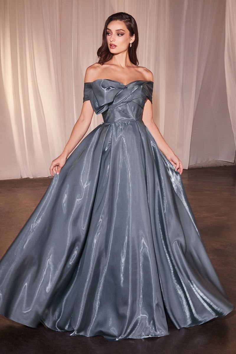 Smoky Blue Luxurious Organza Off The Shoulder Ball Gown