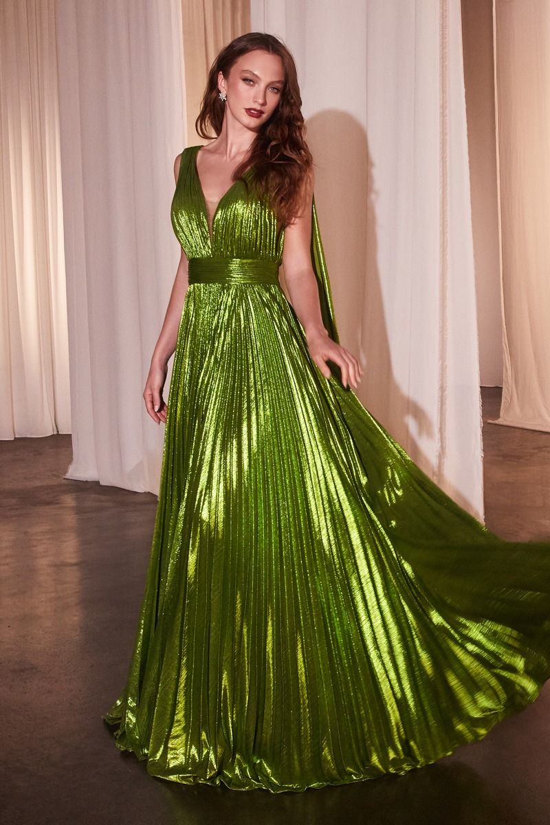 Greenery Metallic Pleated A-Line Gown