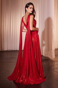 Red Metallic Pleated A-Line Gown