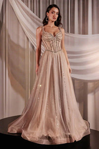 Rose Champagne Embellished A-Line Layered Tulle Dress