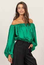 Green Off-Shoulder Satin Balloon Sleeve Top