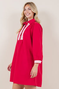 Red Contrast Long Sleeve Collared Tunic Dress