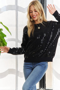 Black Sequins Accent Sweater Top