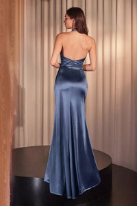 Silver Halter Satin Fitted Dress