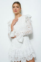 White Lace Ruffled Long Sleeve Tiered Mini Dress