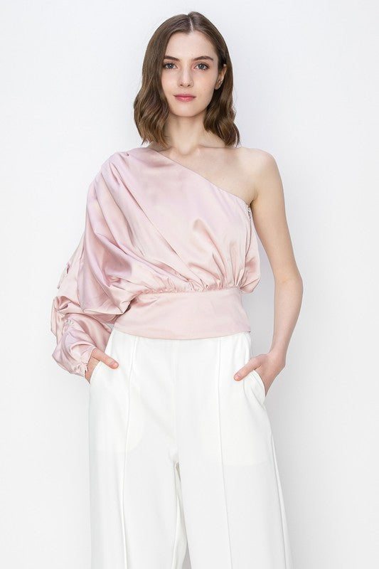 Pink Blush Satin One Shoulder Shirring Blouse Top