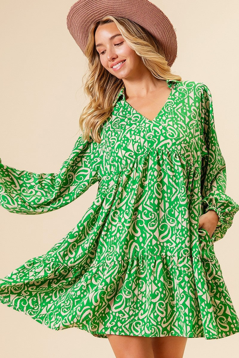 Green/Cream Woven Printed Dress With Side Pocket