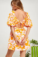 Orange Multi Open Tie Back Balloon Sleeve Sweatheart Dress