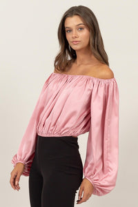 Pink Off-Shoulder Satin Balloon Sleeve Top