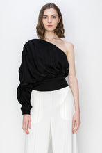 Black Satin One Shoulder Shirring Blouse Top