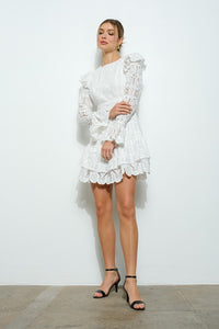 White Lace Ruffled Long Sleeve Tiered Mini Dress