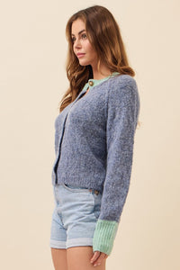 Blue Knit Raglan Sleeve Cardigan With Contrast