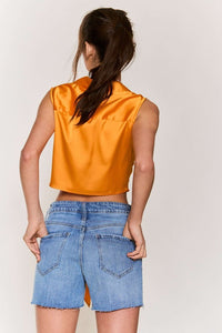 Orange Satin Sleeveless Ruched Center Button Crop Top