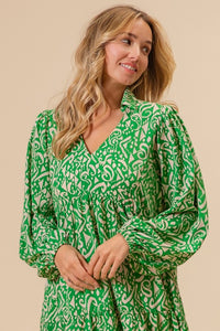 Green/Cream Woven Printed Dress With Side Pocket