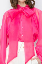 Barbie Pink Sheer Organza Bow Long Sleeve Blouse Top