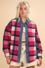 Pink Mix Textured Denim Contrast Plaid Shacket Jacket