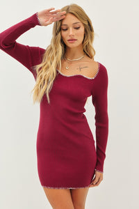 Burgundy/Cream Sweetheart Contrast Stitch Sweater Bodycon Dress